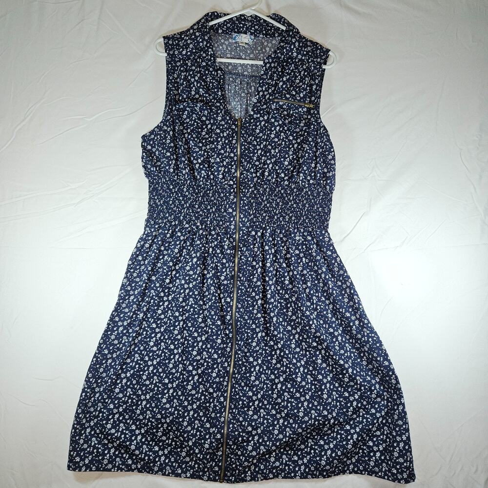 J Gee Womens 3X Blue Floral Sleeveless Dress Smocked Waist Zip Front Cotton